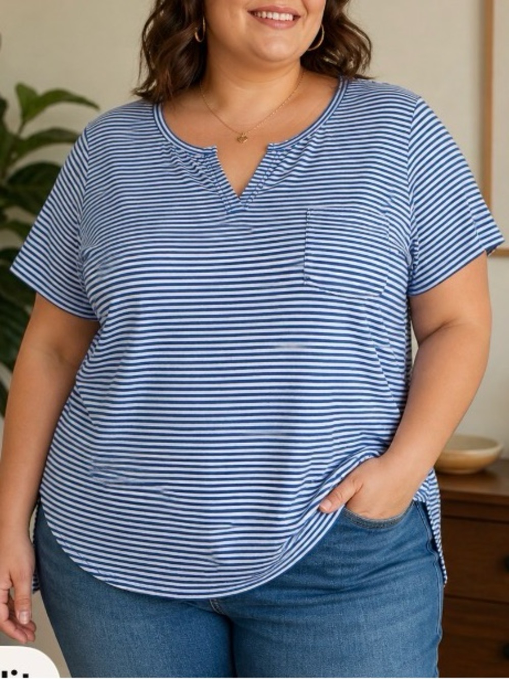 Woman Within Blue White Striped Tee 3X Pocket Casual Plus Size